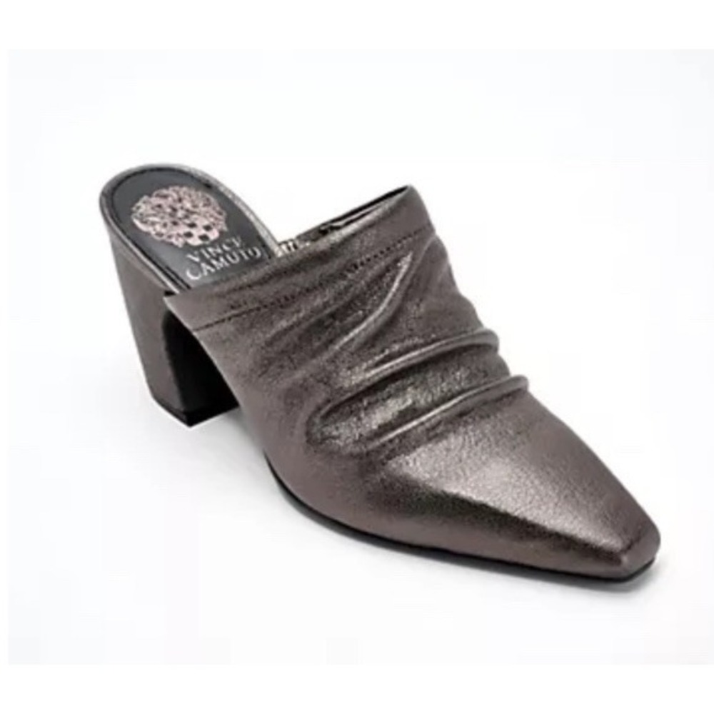 New Vince Camuto Carlie Leather Ruched Pointed Toe Block Heel Mule Pewter Sz 10M